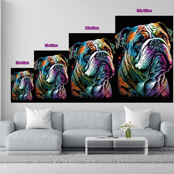 Größentabelle_Portrait einer Bulldogge in bunten Farben als Popart_mockup
