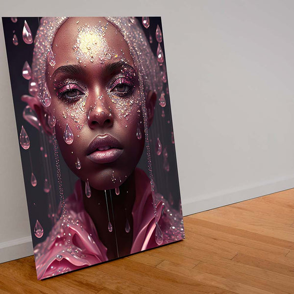 Waterdrop zeigt eine dunkelhäutige farbenfrohe Frau im rosa Regen_mockup08