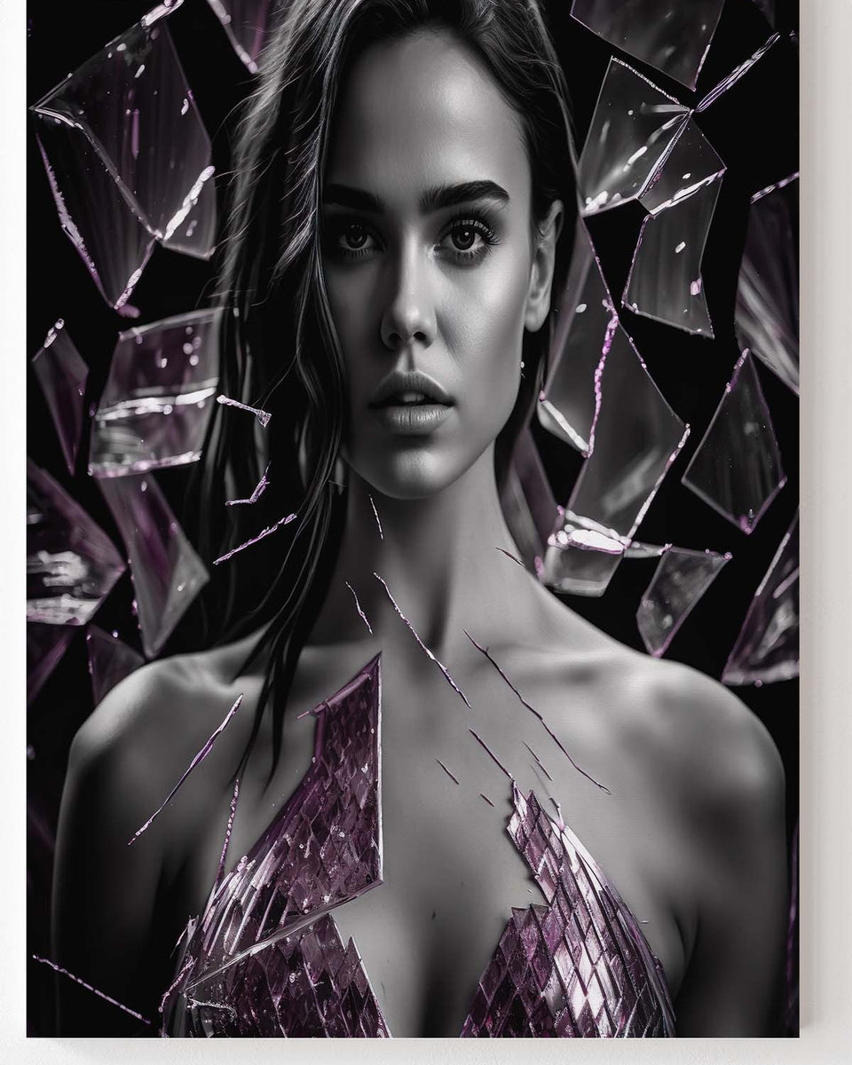 Wunderschöne Frau umgeben von einem gesprungenen Glas und pinken Glassplittern_mockup_07