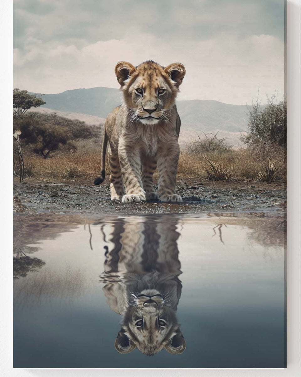 Solokuenstler Junger Löwe spiegelt sich im Wasser - exklusives Motiv