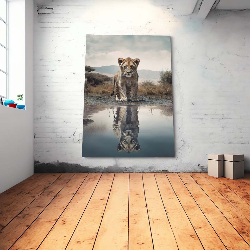 Solokuenstler Junger Löwe spiegelt sich im Wasser - exklusives Motiv