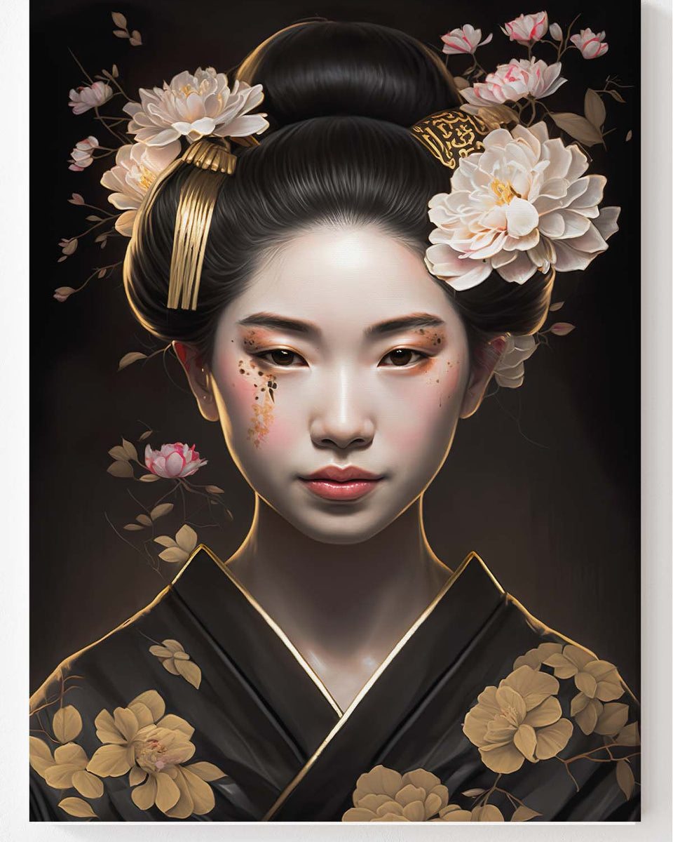 Golden Geisha im schwarzgoldenen Kimono mit Sakura Blüten im Haar_mockup00