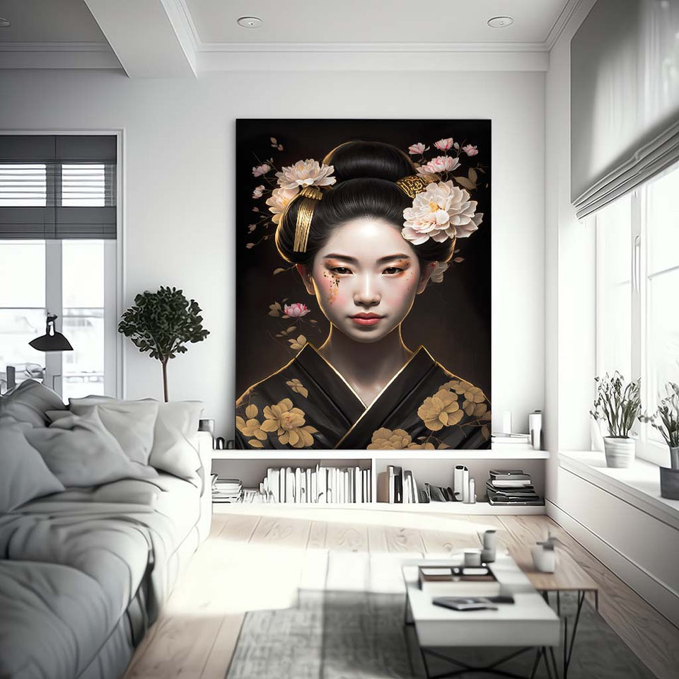 Golden Geisha im schwarzgoldenen Kimono mit Sakura Blüten im Haar_mockup03