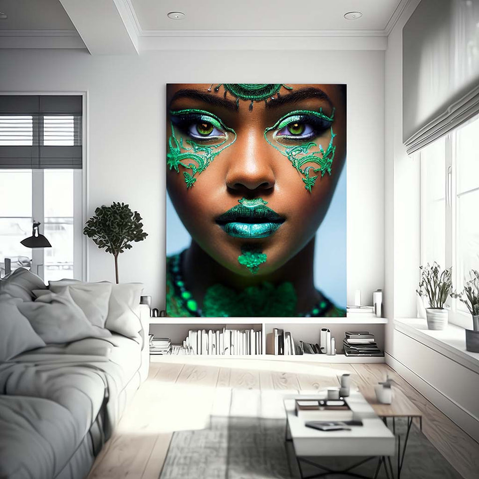 Green Girl wunderschöne afrikanische Frau mit grünen Augen und grün geschminkt_mockup_00