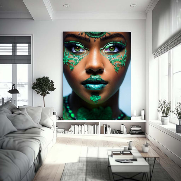 Green Girl wunderschöne afrikanische Frau mit grünen Augen und grün geschminkt_mockup_00