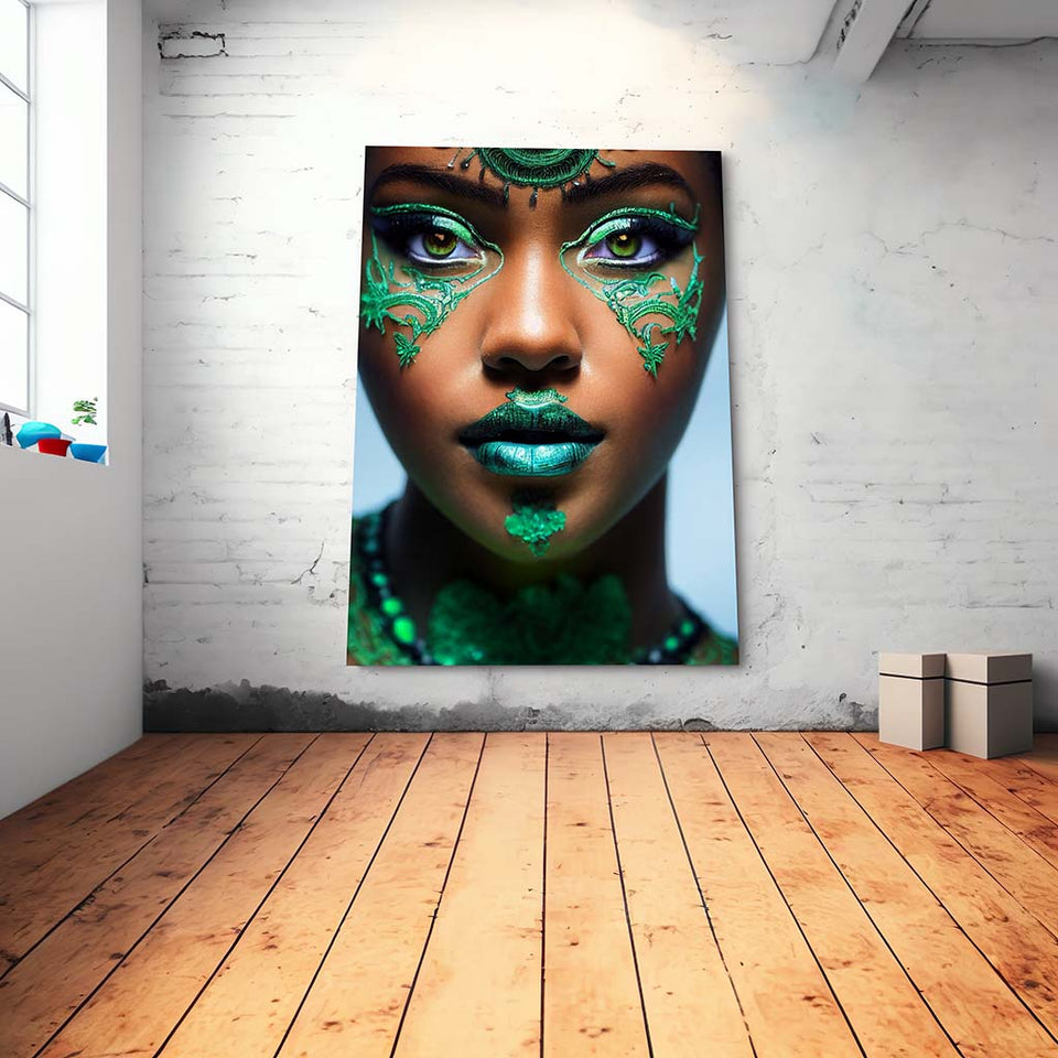 Green Girl wunderschöne afrikanische Frau mit grünen Augen und grün geschminkt_mockup_02
