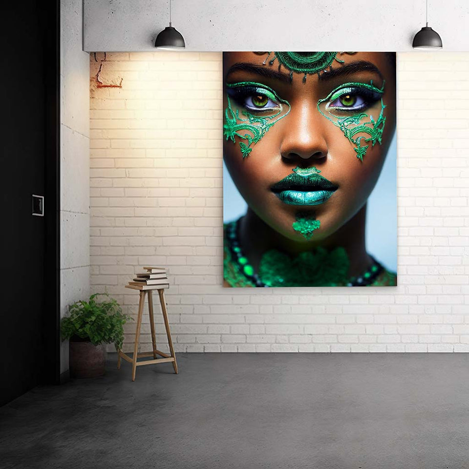 Green Girl wunderschöne afrikanische Frau mit grünen Augen und grün geschminkt_mockup_07