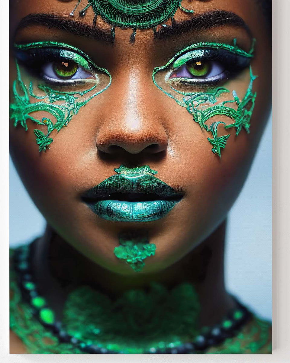 Green Girl wunderschöne afrikanische Frau mit grünen Augen und grün geschminkt_mockup_08