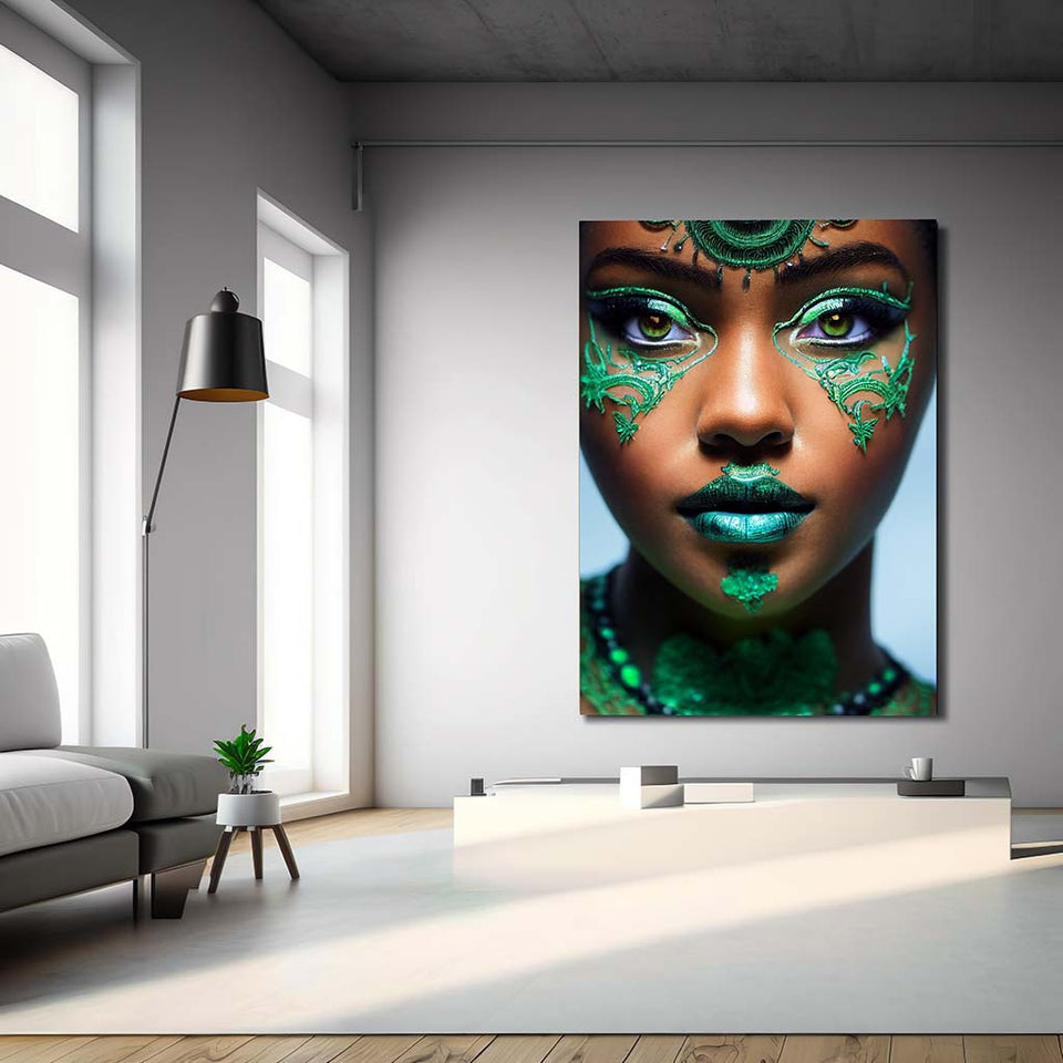 Green Girl wunderschöne afrikanische Frau mit grünen Augen und grün geschminkt_mockup_01