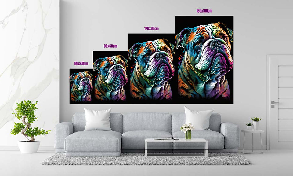 Größentabelle_Portrait einer Bulldogge in bunten Farben als Popart_mockup