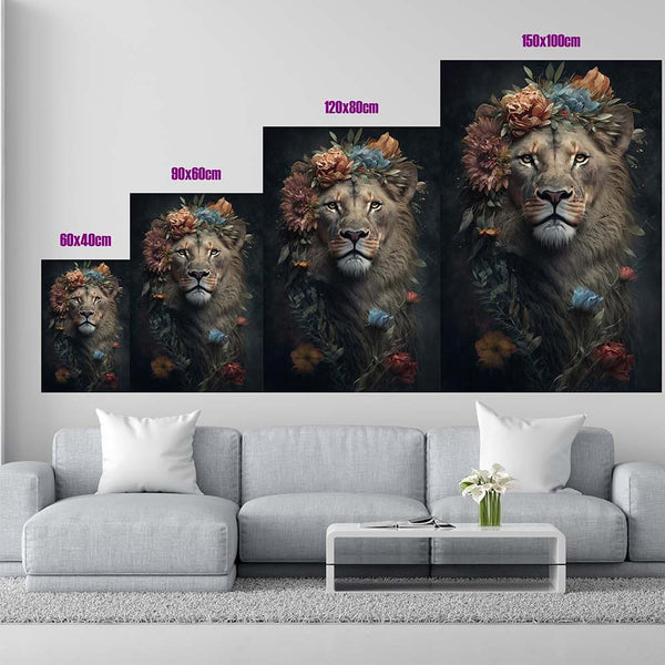 Größentabelle Königlicher Löwe im Bohemian Style mit bunten Blumen sehr ausdrucksstarkes-Bild_mockup