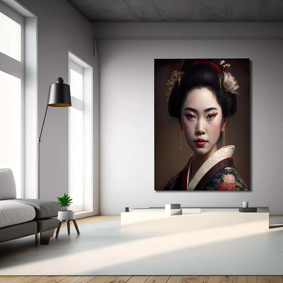 Japanische Geisha Portrait mit detailreichen Farben und Kimono_mockup_01