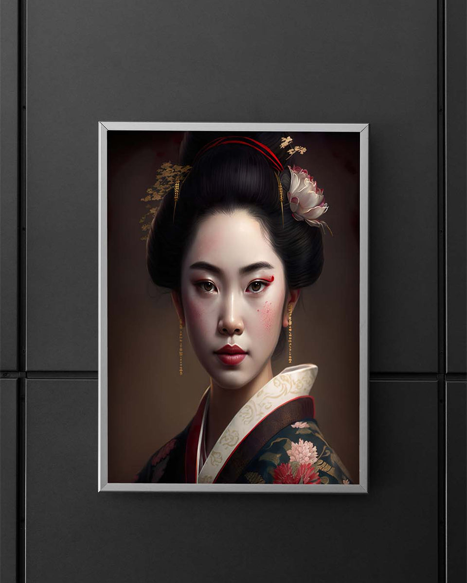 Japanische Geisha Portrait mit detailreichen Farben und Kimono_mockup_03