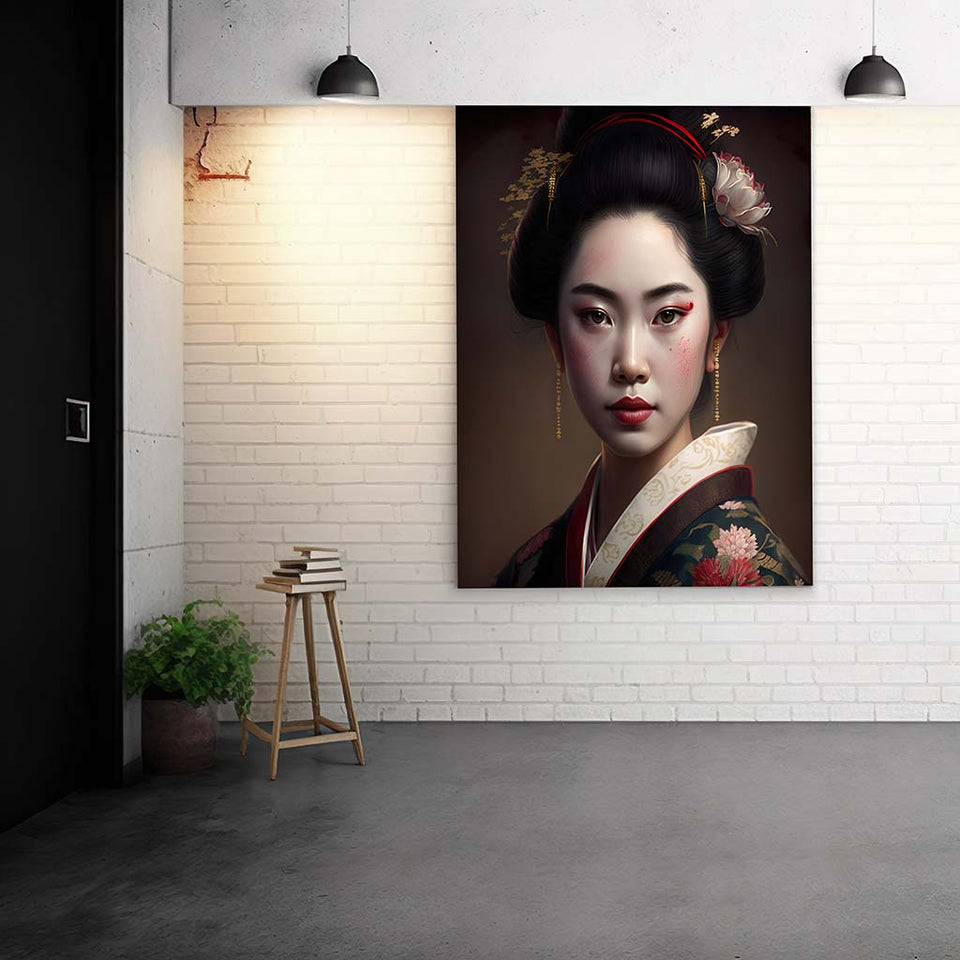 Japanische Geisha Portrait mit detailreichen Farben und Kimono_mockup_04