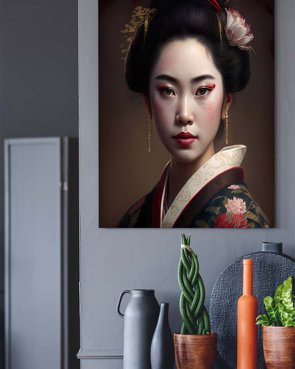 Japanische Geisha Portrait mit detailreichen Farben und Kimono_mockup_05