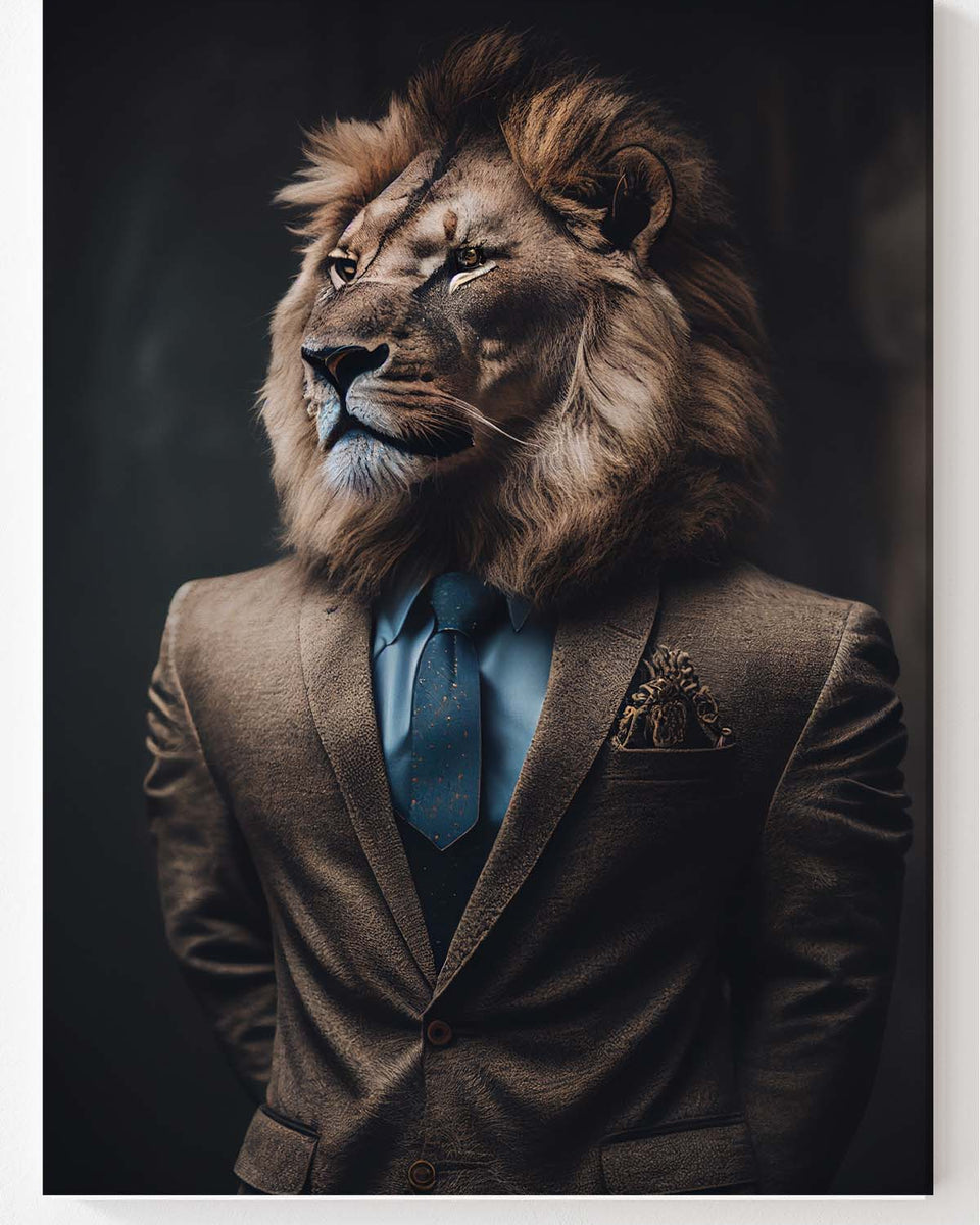 Lion in Suit Loewe im braunen Anzug und blauer Krawatte_mockup00