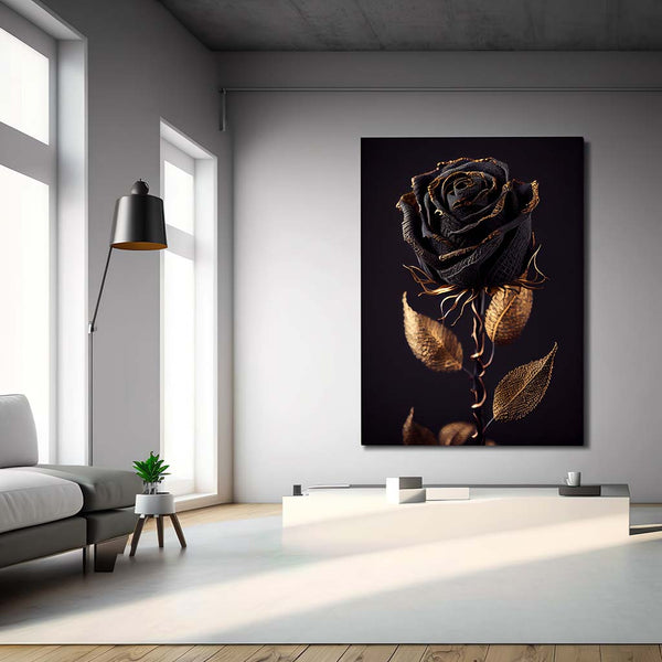 Schwarze Rose mit Gold überzogen vor einem Schwarzen Hintergrund_mockup_00