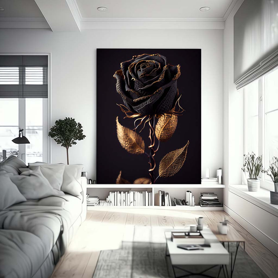 Schwarze Rose mit Gold überzogen vor einem Schwarzen Hintergrund_mockup_03
