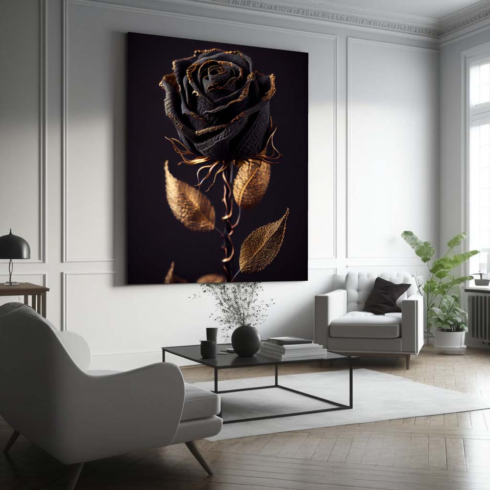 Schwarze Rose mit Gold überzogen vor einem Schwarzen Hintergrund_mockup_05