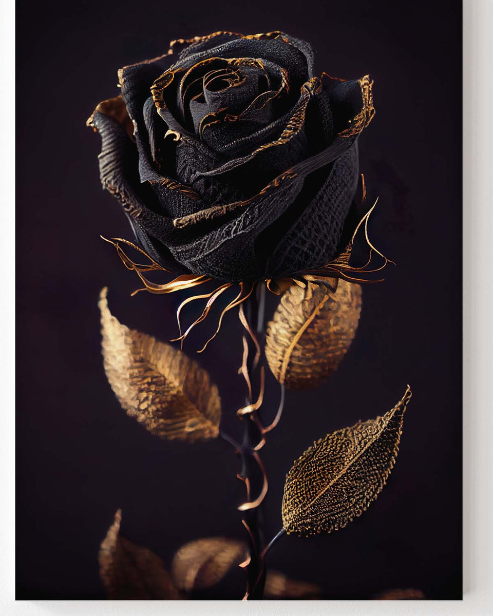 Schwarze Rose mit Gold überzogen vor einem Schwarzen Hintergrund_mockup_08
