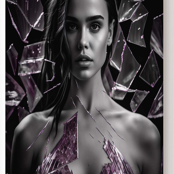 Wunderschöne Frau umgeben von einem gesprungenen Glas und pinken Glassplittern_mockup_07