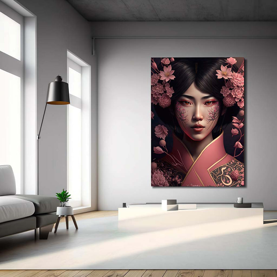 Wunderschöne Geisha in rosa Kimono und Sakura Blüten umgeben_mockup_00