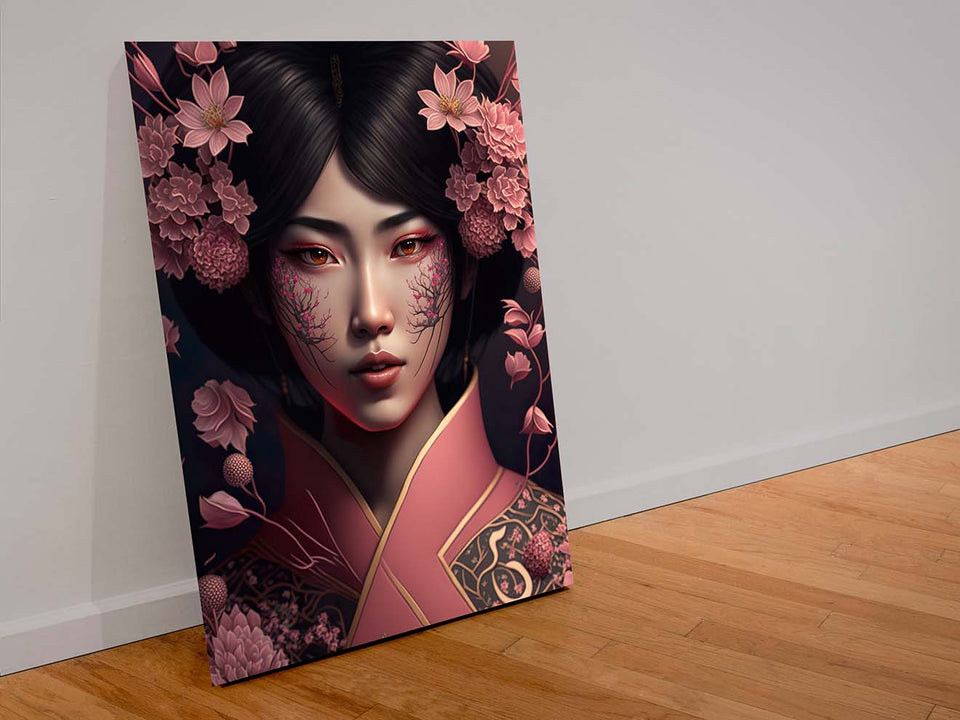 Wunderschöne Geisha in rosa Kimono und Sakura Blüten umgeben_mockup_05
