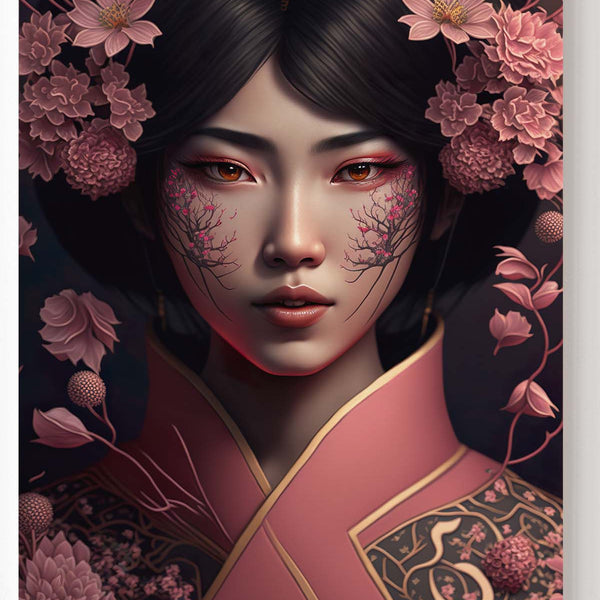 Wunderschöne Geisha in rosa Kimono und Sakura Blüten umgeben_mockup_06